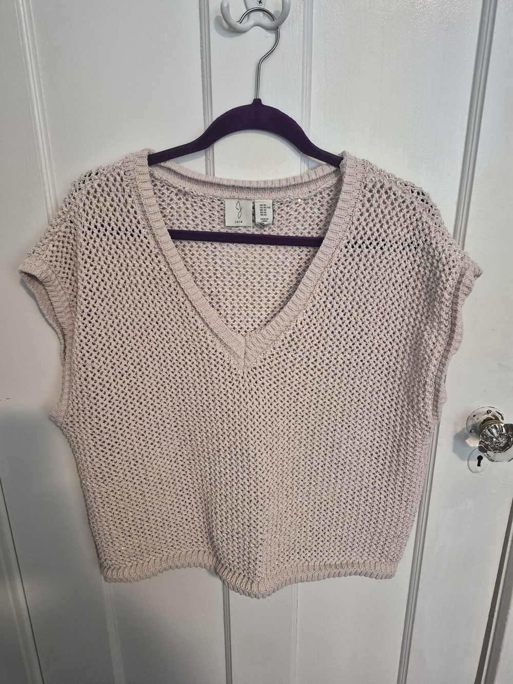 Joie Open-Knit V-Neck Sweater Vest in Beige With Gold Highlights